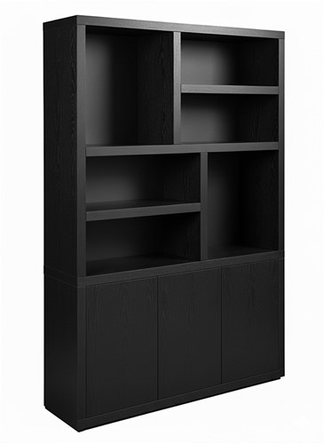 Tampere book case 160 with 3 doors and 6 open compartments, Intense Black - Oak Collection